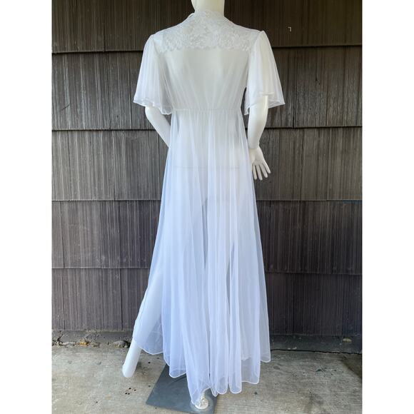 Vintage Val Mode Fairy Sheer Nylon Short flutter Sleeve Lace White Maxi Robe S-M - Picture 9 of 16